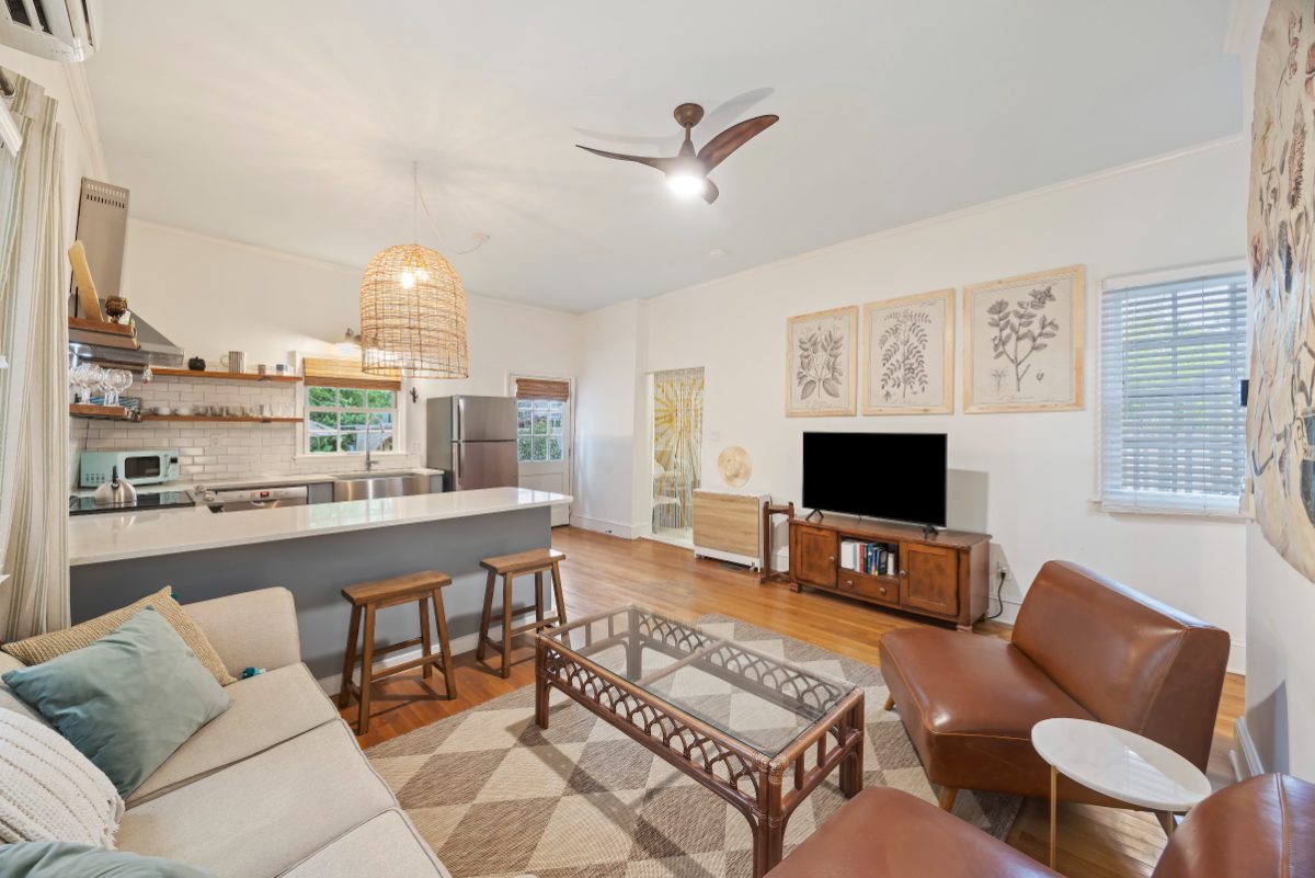 Breezy Palm, Suite A living room with open kitchen